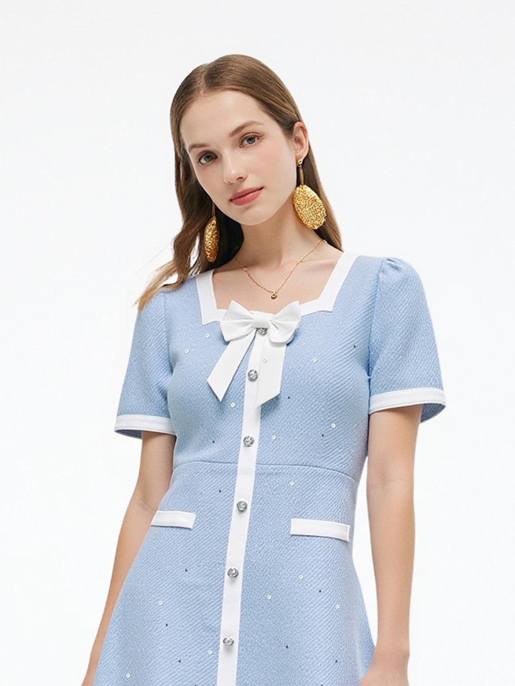 Acetate Blend Sequins Tweed Contrast Trim Women Mini Dress Product Image