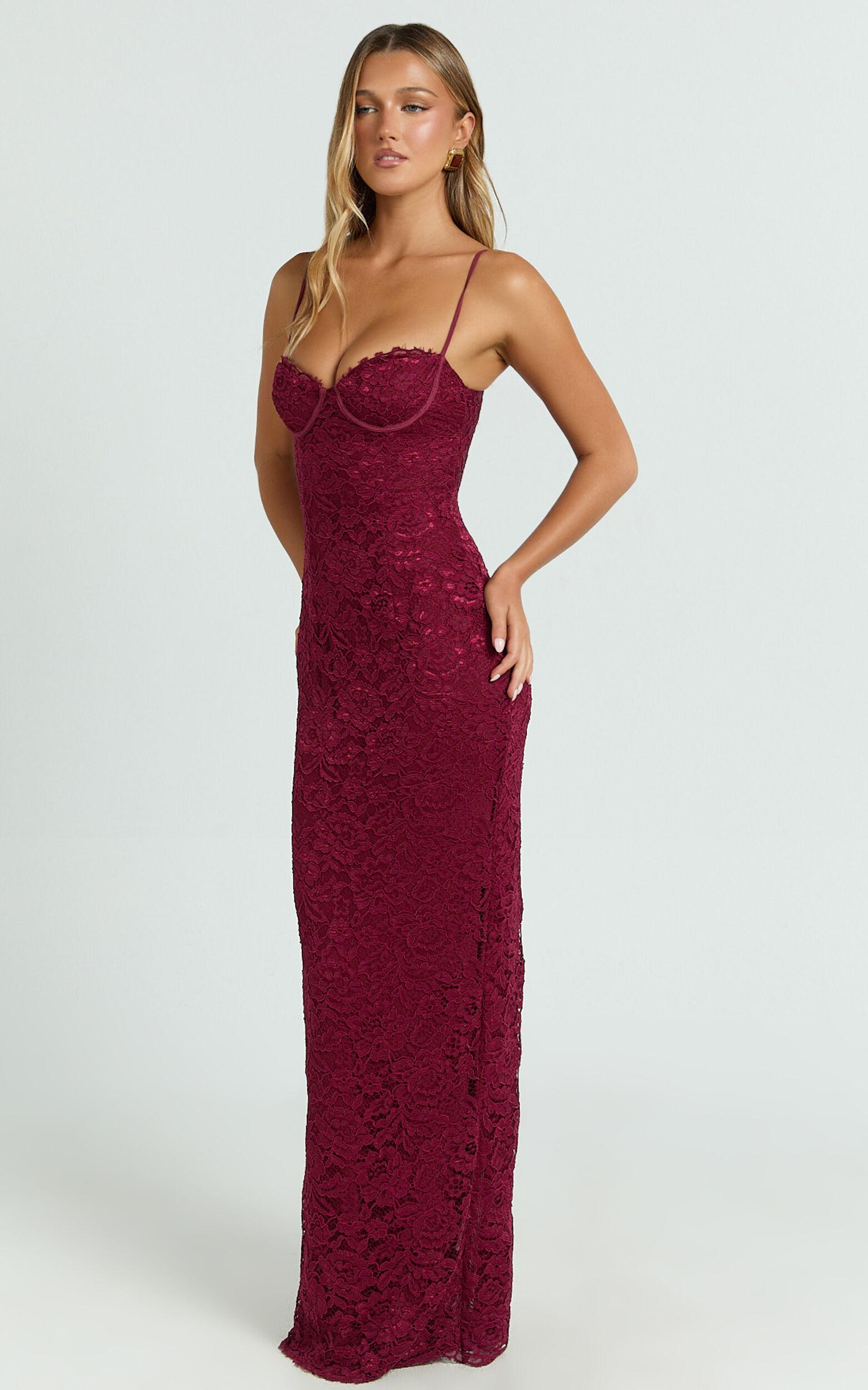 Carli Maxi Dress - Adjustable Strap Corset Bodycon Lace Dress in Wine Product Image