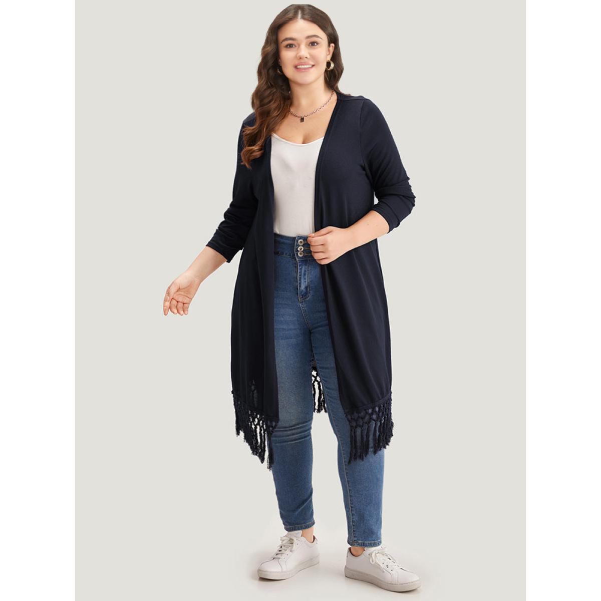 Plus Size Plain Patchwork Open Front Tassel Trim Kimono Women DarkBlue Casual Tassels Dailywear Kimonos BloomChic 18-20/2X Product Image
