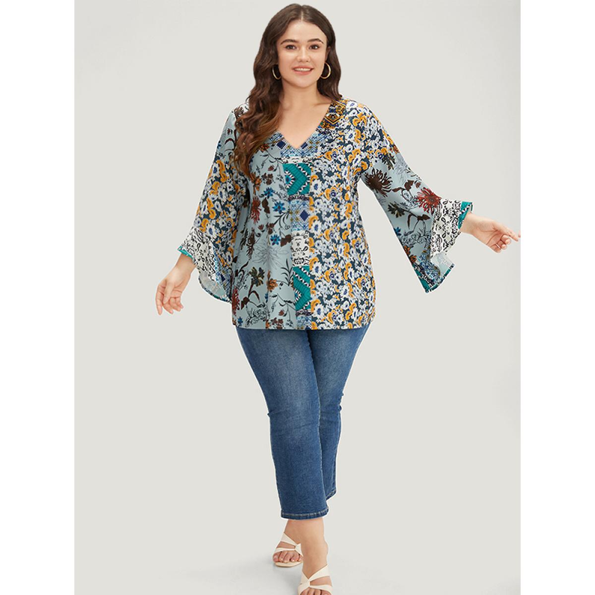 Plus Size Multicolor Bandana Print Patchwork Bell Sleeve Blouse Women Elegant Long Sleeve V-neck Vacation Blouses BloomChic 14-16/1X Product Image