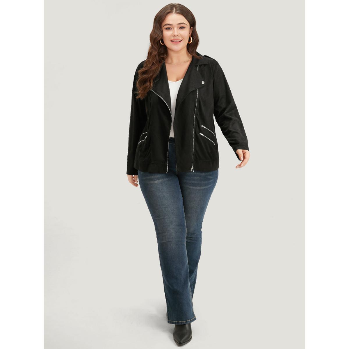 Plus Size Solid Lapel Collar Zipper Metal Detail Jacket Women Black Plain Dailywear Jackets BloomChic 22-24/3X Product Image