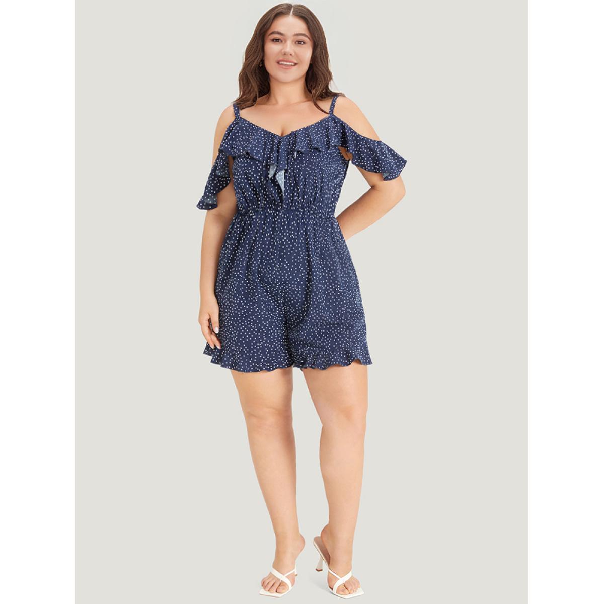 Plus Size DarkBlue Polka Dot Ruffle Trim Tie Neck Cut Out Elastic Waist Jumpsuit Women Elegant Sleeveless Cold Shoulder Dailywear Loose Jumpsuits BloomChic 18-20/2X Product Image