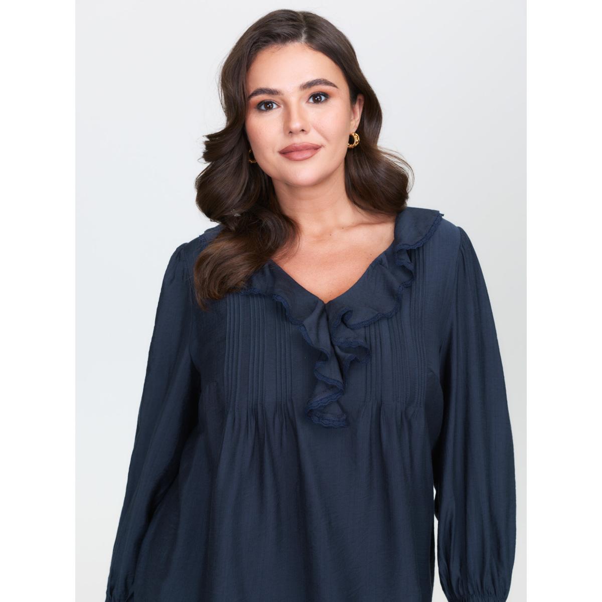 Plus Size DarkBlue Ruffled Neckline Stretchy Cuffs Blouse Women Romantic Extra Long Sleeve Lace collar Elegant Blouses BloomChic 22-24/3X Product Image