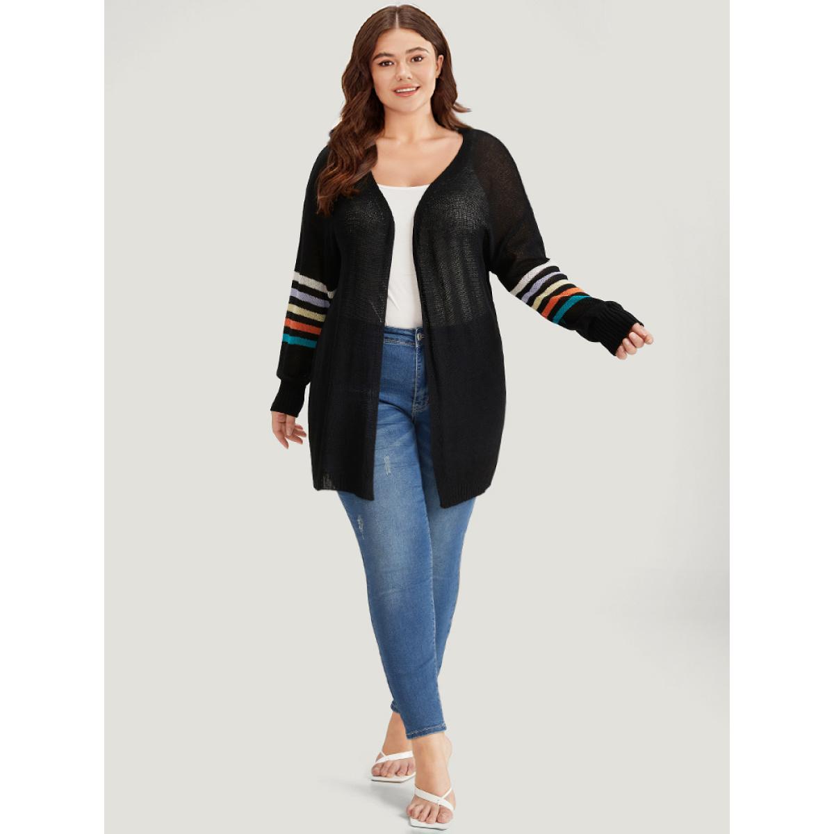 Plus Size Rainbow Striped Open Front Drop Shoulder Cardigan Black Women Casual Loose Long Sleeve Dailywear Cardigans BloomChic 12/L Product Image