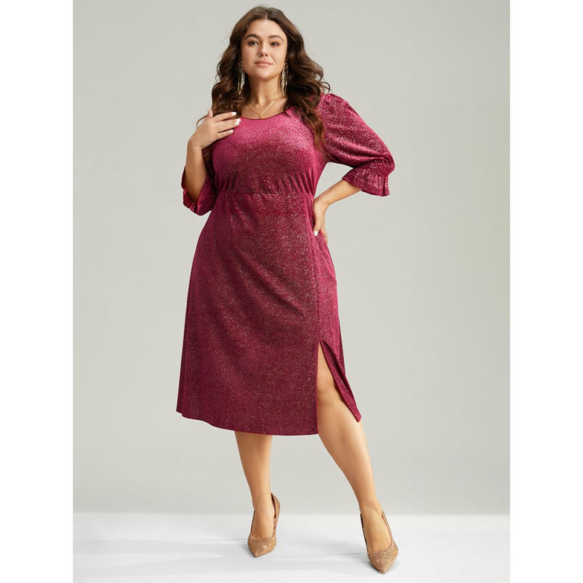 Plus Size Plain Velvet Glitter Split Hem Shirred Dress Scarlet Women Glamour Velvet Round Neck Half Sleeve Curvy Midi Dress BloomChic 22-24/3X Product Image