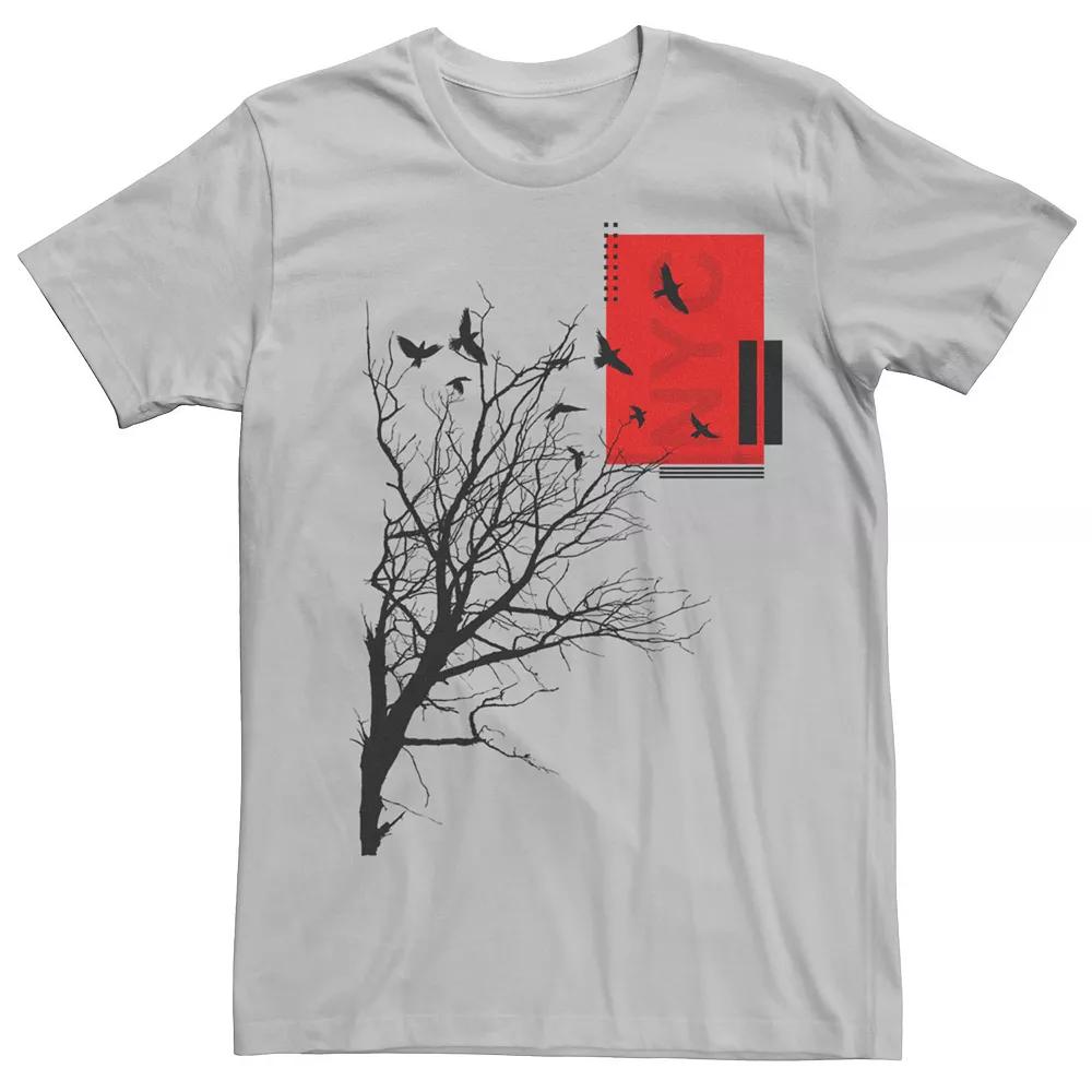 Men's Flying Birds Branches Silhouettes Graphic Tee, Size: XL, Silver Product Image