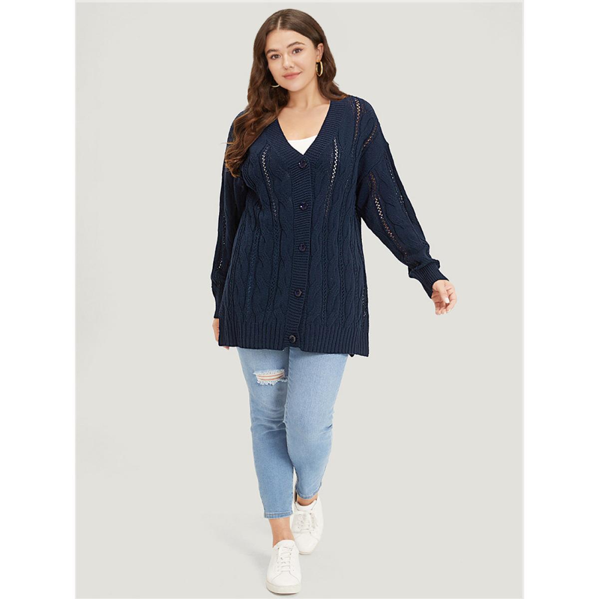 Plus Size Plain Button Up Cable Knit Split Side Cardigan Indigo Women Casual Loose Long Sleeve Everyday Cardigans BloomChic 14-16/1X Product Image