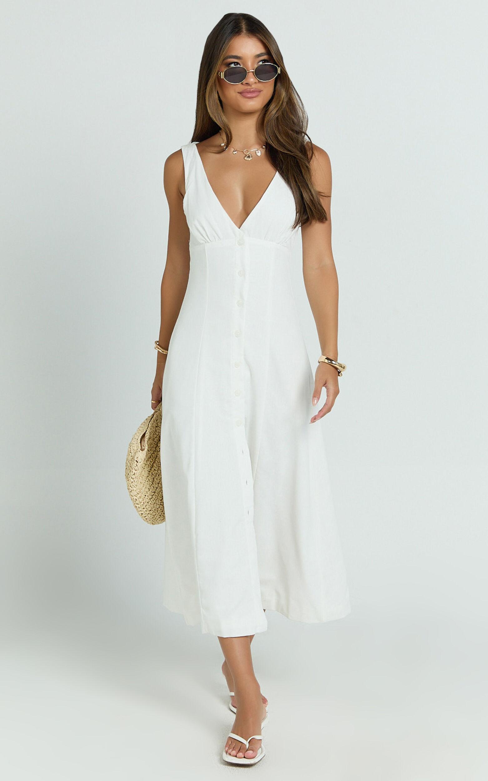 Zula Midi Dress - V Neck Sleeveless Under Bust Seam Circular Skirt Dress in White Product Image