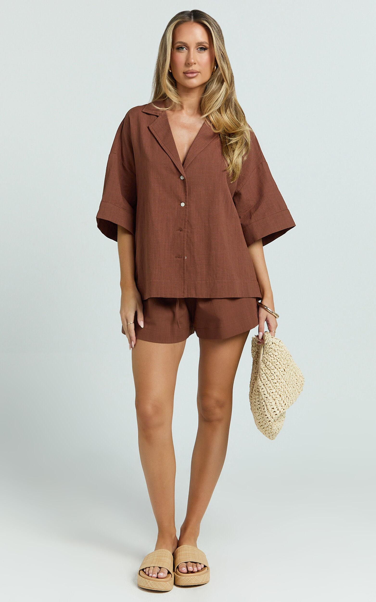 Saina Two Piece Set - Button Through Shirt and Drawstring Shorts Set in Chocolate Product Image