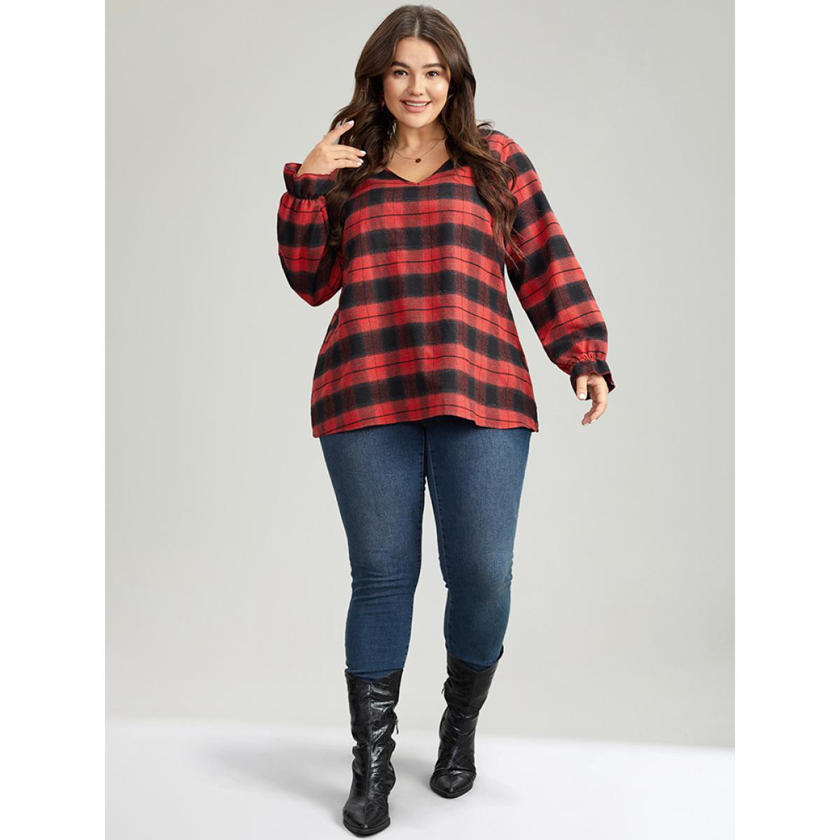 Plus Size Scarlet Plaid V Neck Lantern Sleeve Ruffles Blouse Women Elegant Long Sleeve V-neck Festival-Christmas Blouses BloomChic 14-16/1X Product Image