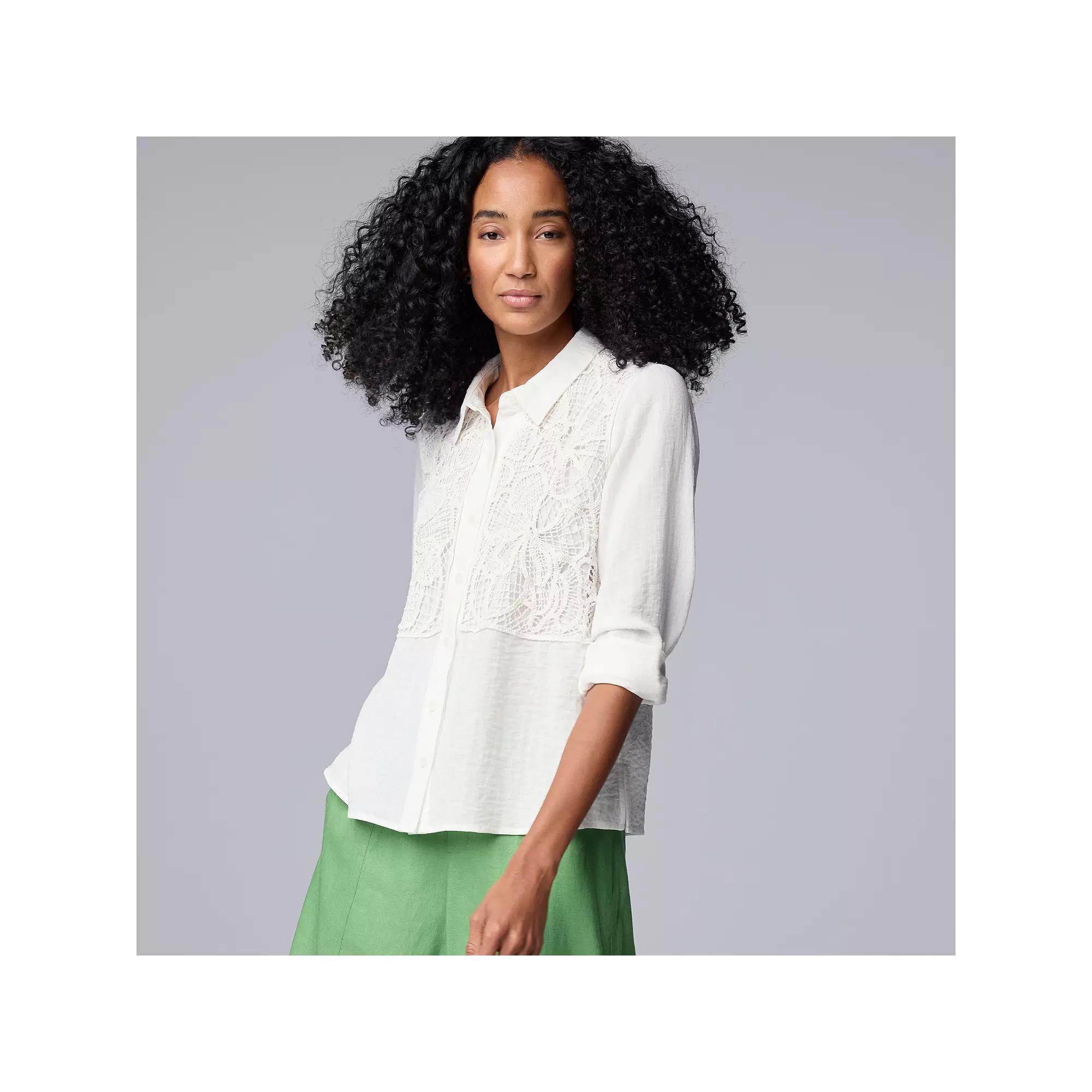 Women's Simply Vera Vera Wang Linen Crochet Shirt, Size: Medium, White Milk Product Image