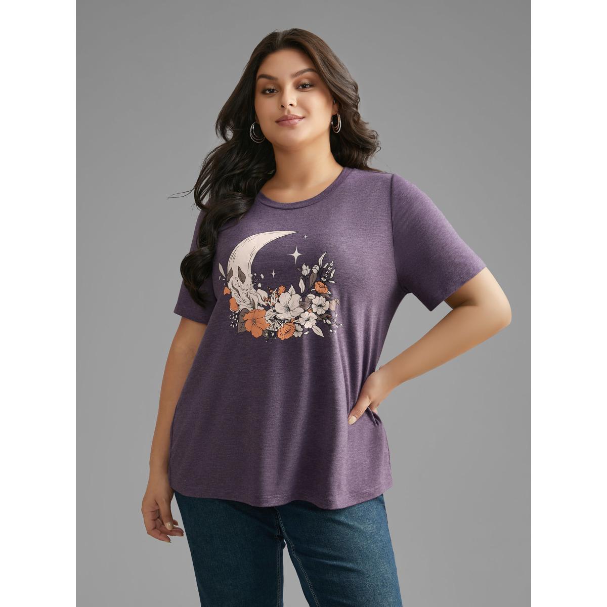 Plus Size Round Neck Moon & Floral Print T-shirt Eggplant Women Casual Non Natural Flowers Round Neck Everyday T-shirts BloomChic 10/M Product Image