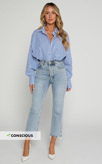 Zelrio Jeans - High Waisted Recycled Cotton Cropped Denim Jeans in Mid Blue Wash Product Image
