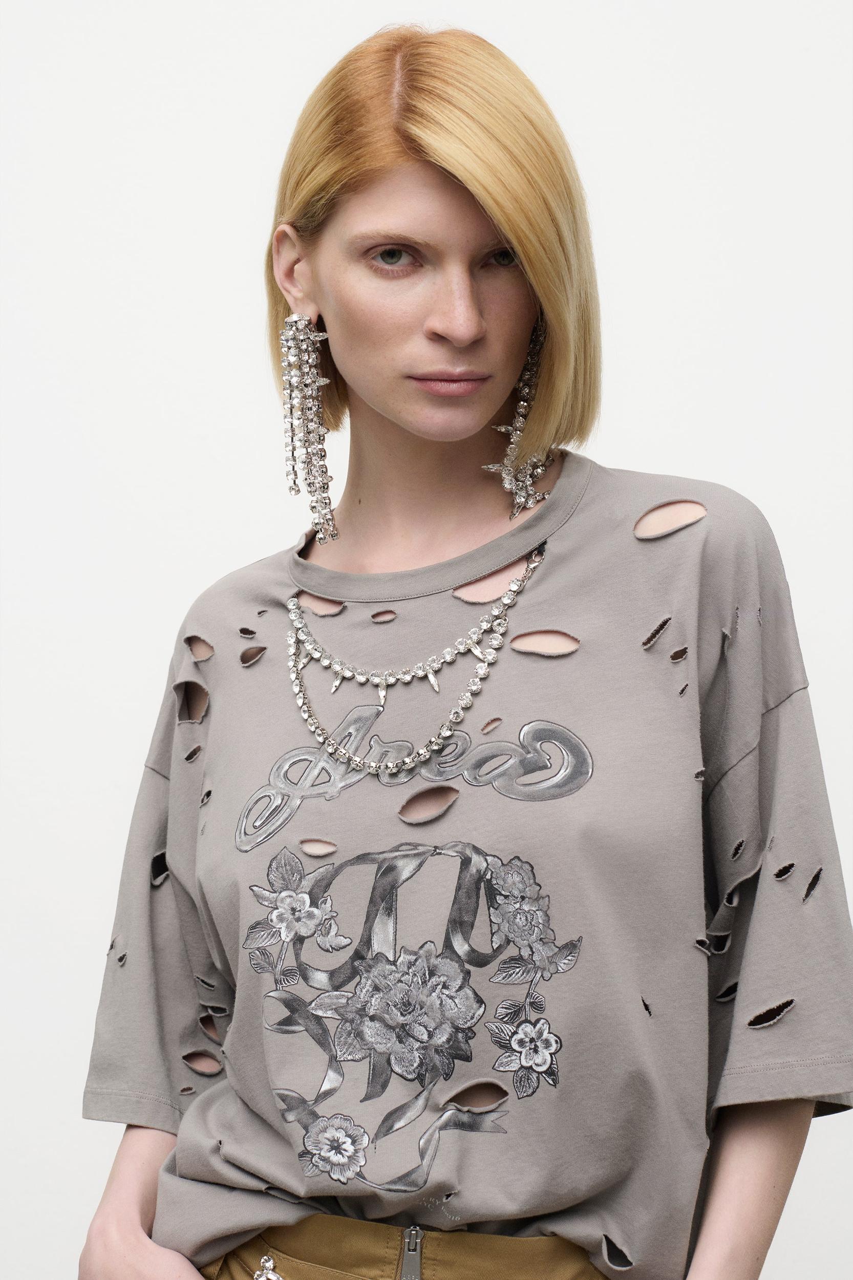 Distressed Crystal Embellished Graphic T-Shirt Product Image