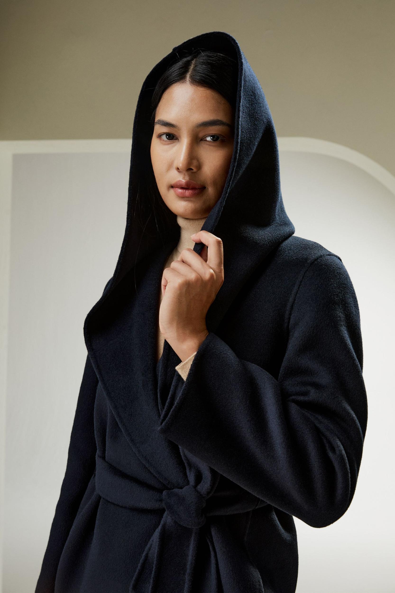 LILYSILK Womens Coats Navy Blue Cashmere Wool Comfortable Hooded Coat M Product Image