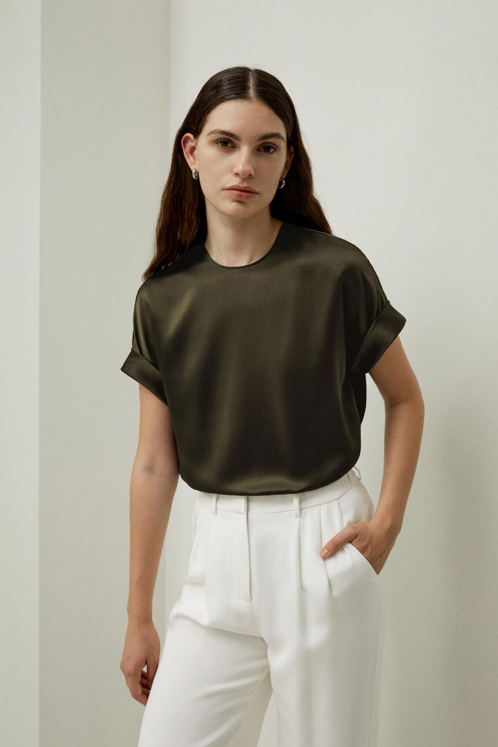 LILYSILK T Shirt Silk - Womens - Navy Blue 100 Silk - Organic Oversized Tops XS Product Image