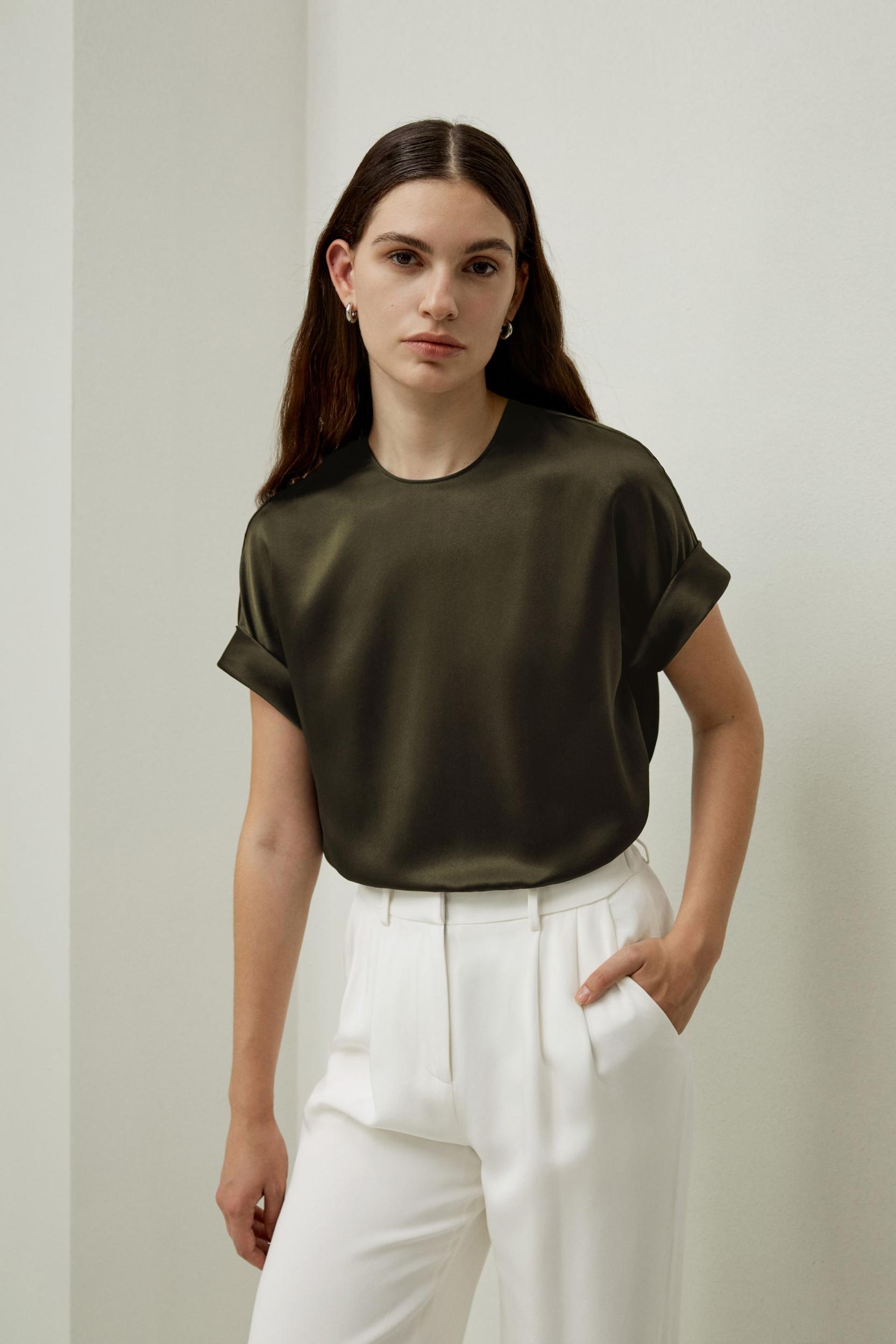 LILYSILK T Shirt Silk - Womens - Navy Blue 100 Silk - Organic Oversized Tops XS Product Image