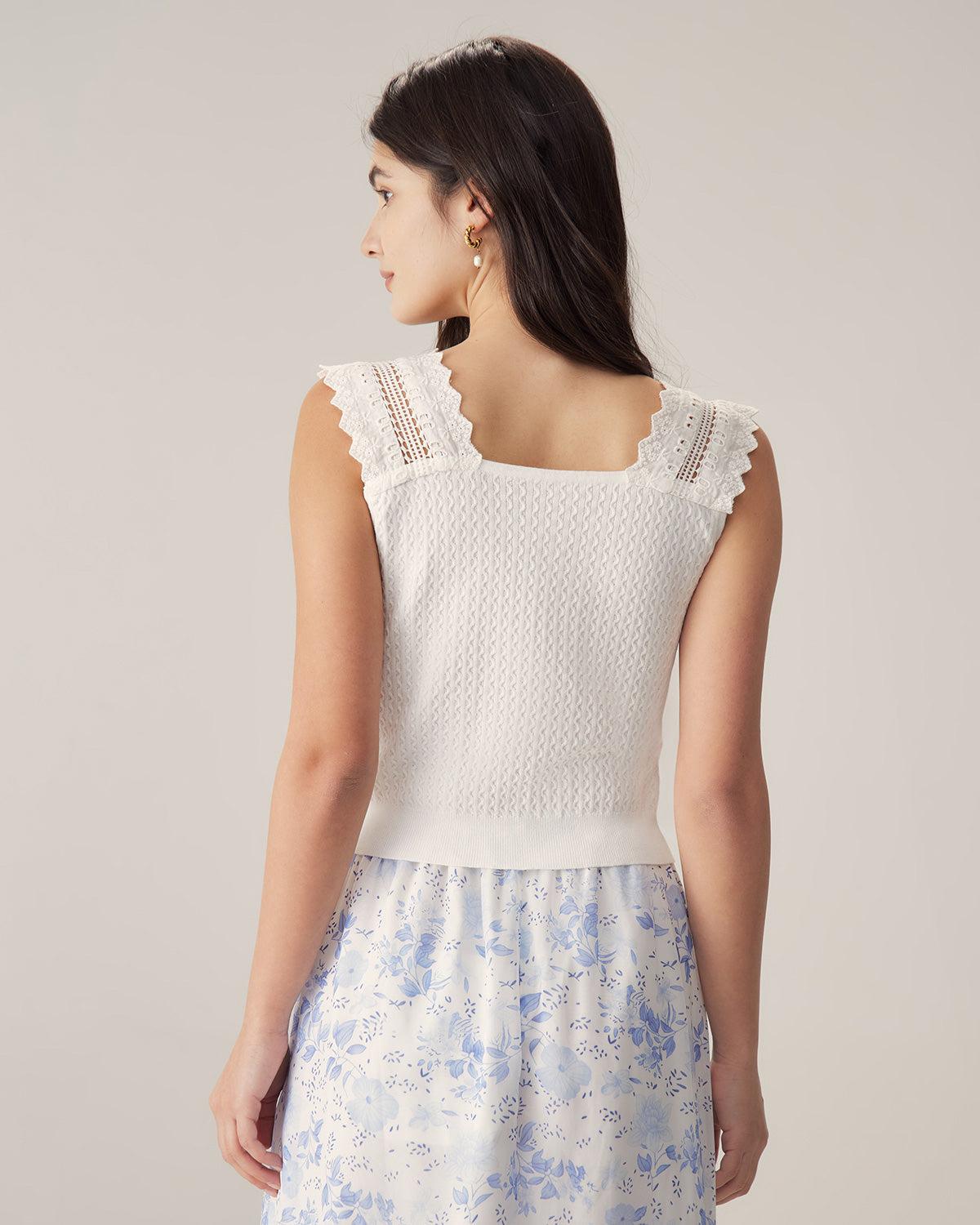 White Ruffle Embroidery Tank Product Image