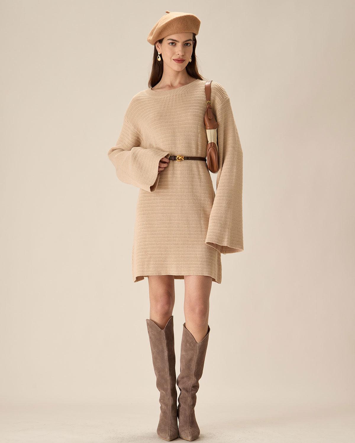 Beige Drop Shoulder Sweater Mini Dress Product Image