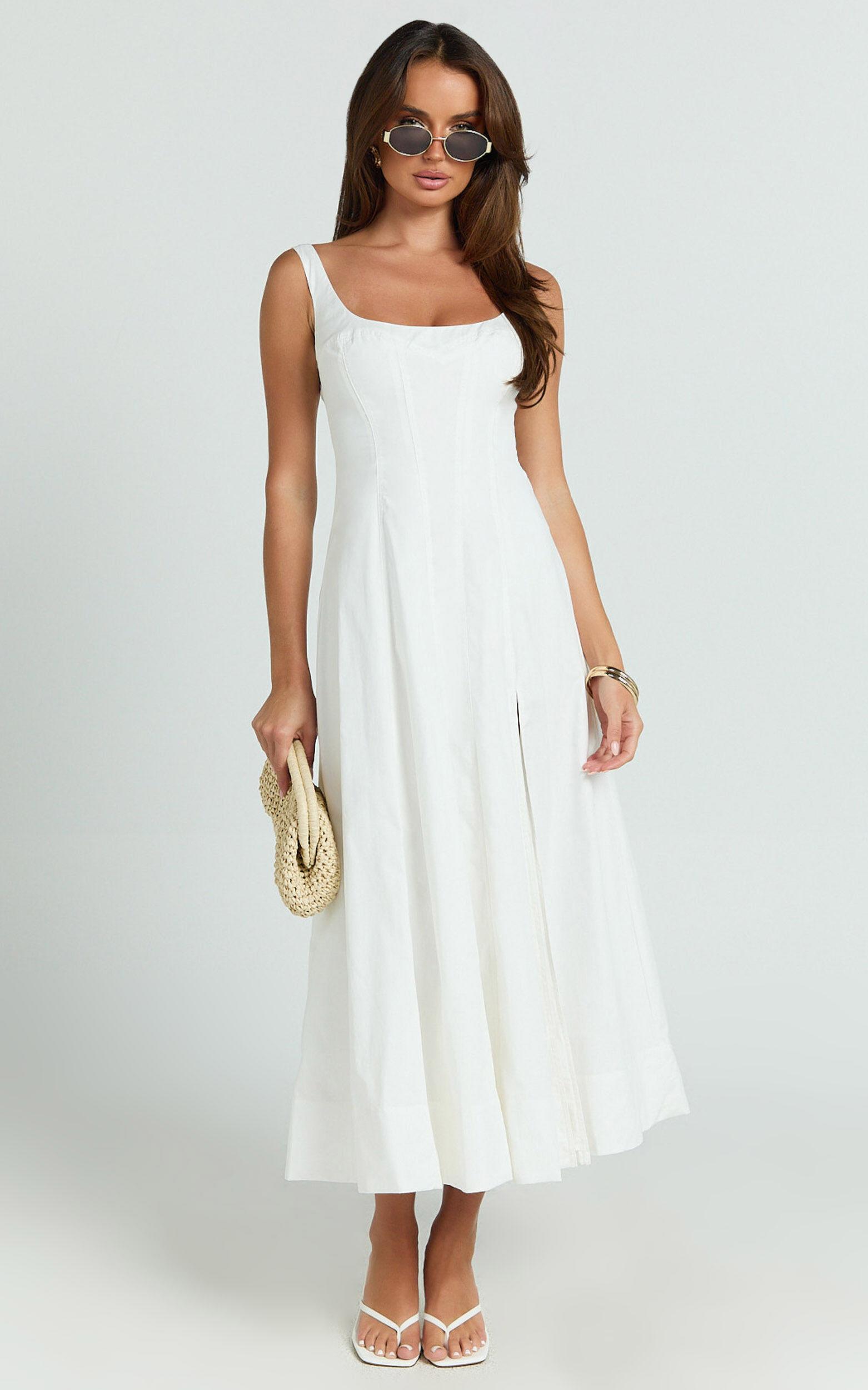 Kristi Midi Dress - Scoop Neck Fit And Flare Dress in Off White Product Image