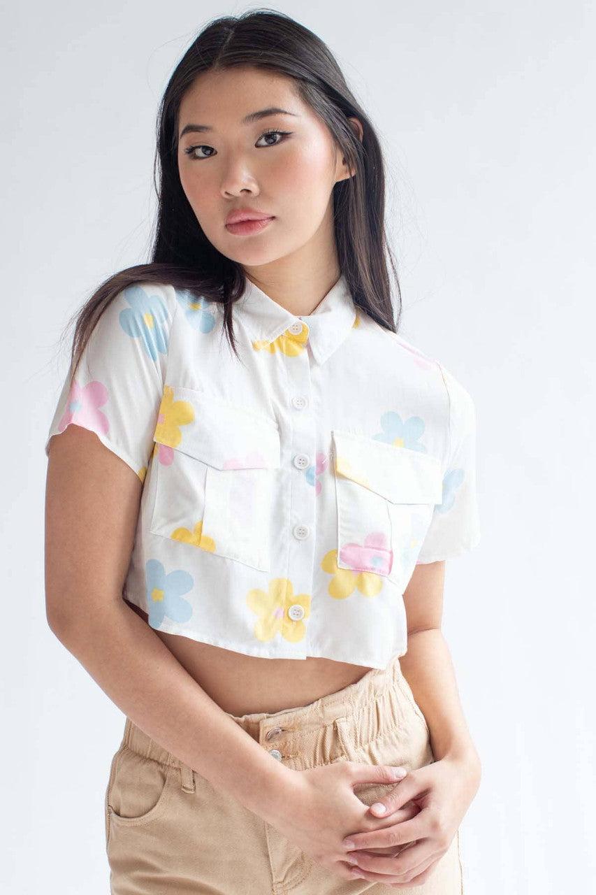 Spring Floral Cropped Button Up Shirt Product Image
