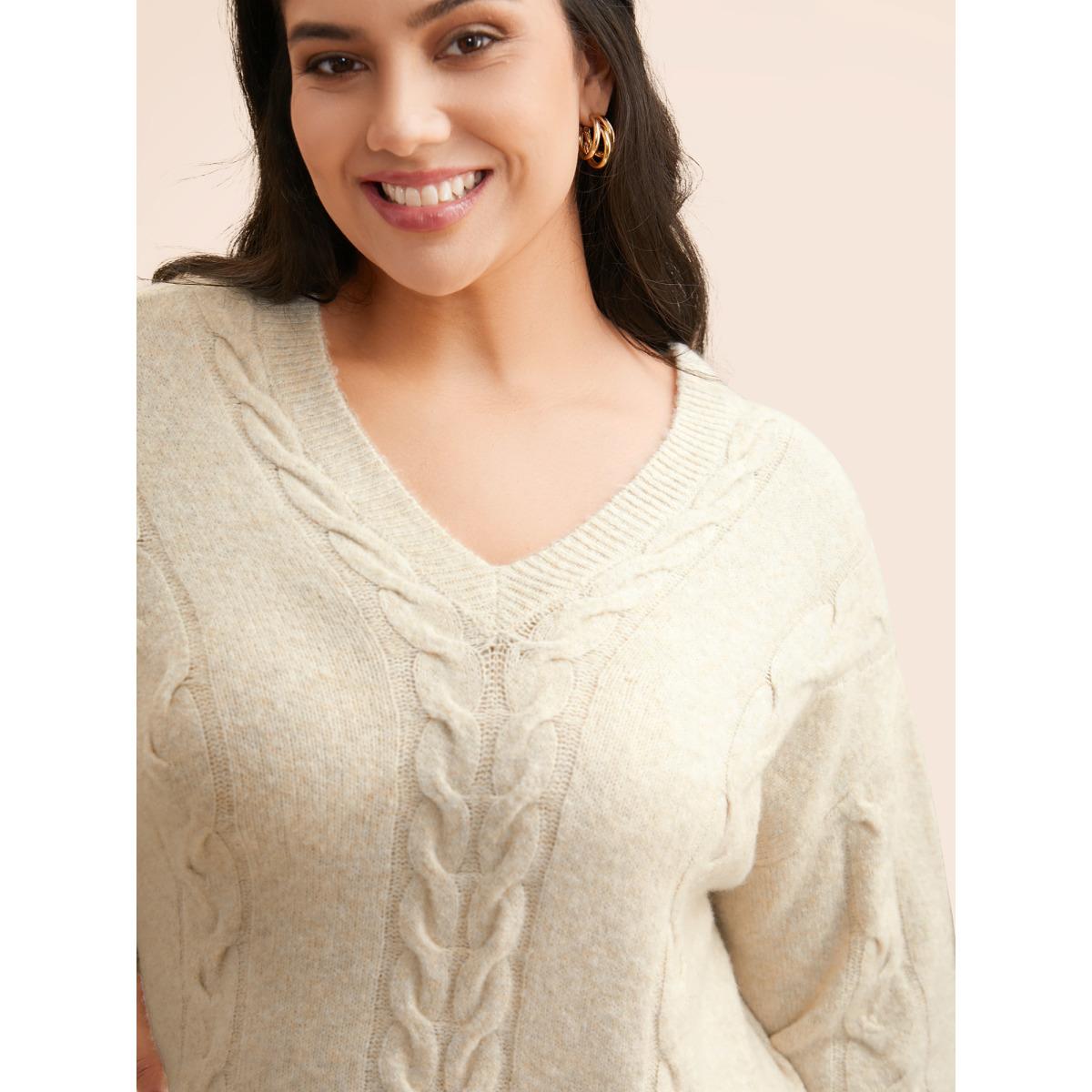 Plus Size Supersoft Essentials Solid Cable Knit Puff Sleeve Pullover Apricot Women Casual Long Sleeve V-neck Everyday Pullovers BloomChic 22-24/3X Product Image