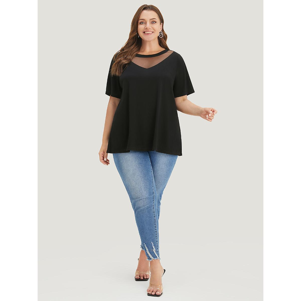 Plus Size Solid Round Neck Mesh Patchwork T-shirt Black Women Elegant See through Plain Round Neck Dailywear T-shirts BloomChic 30/6X Product Image