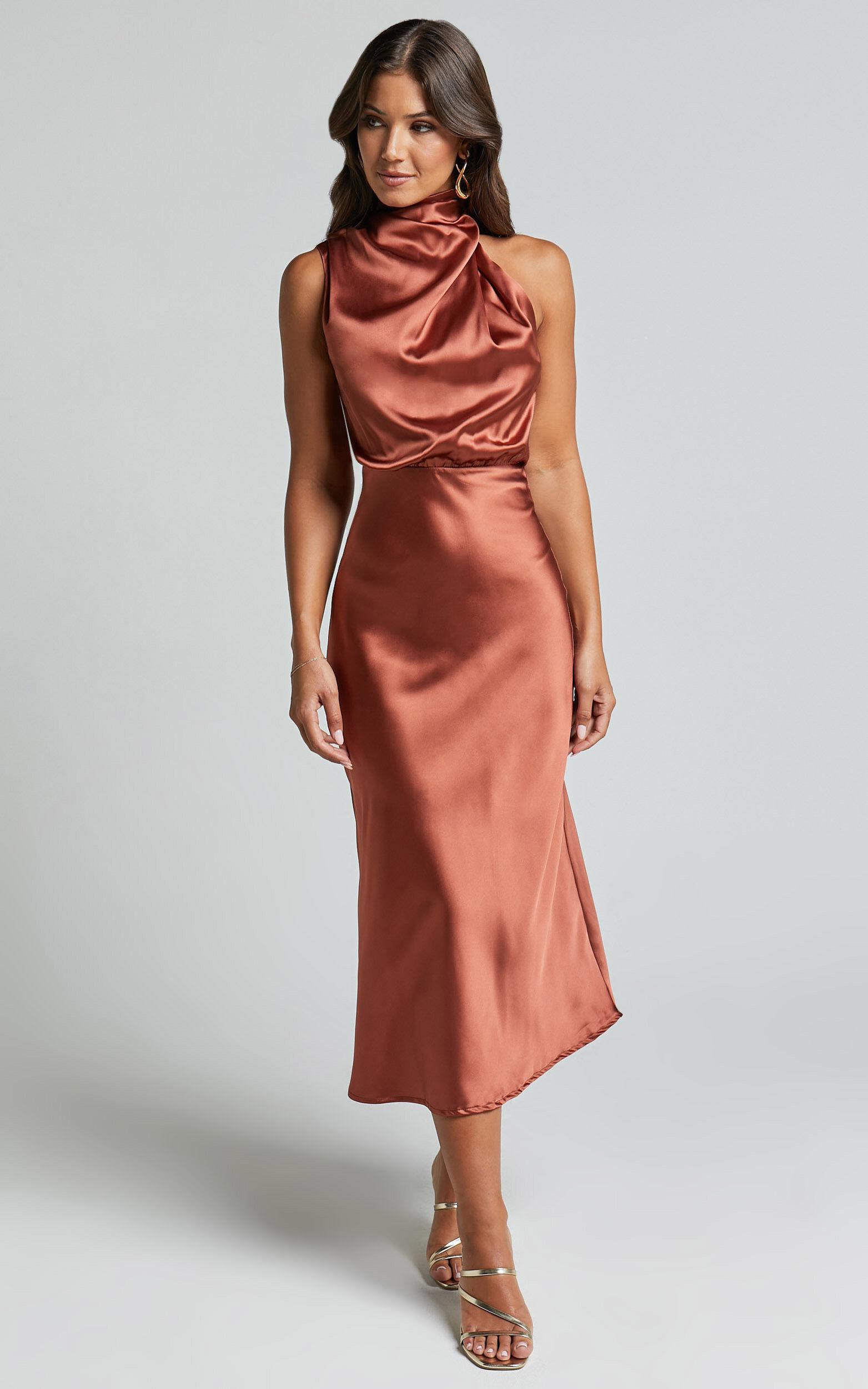 Minnie Midi Dress - Drape Neck Satin Slip Dress in Copper Product Image