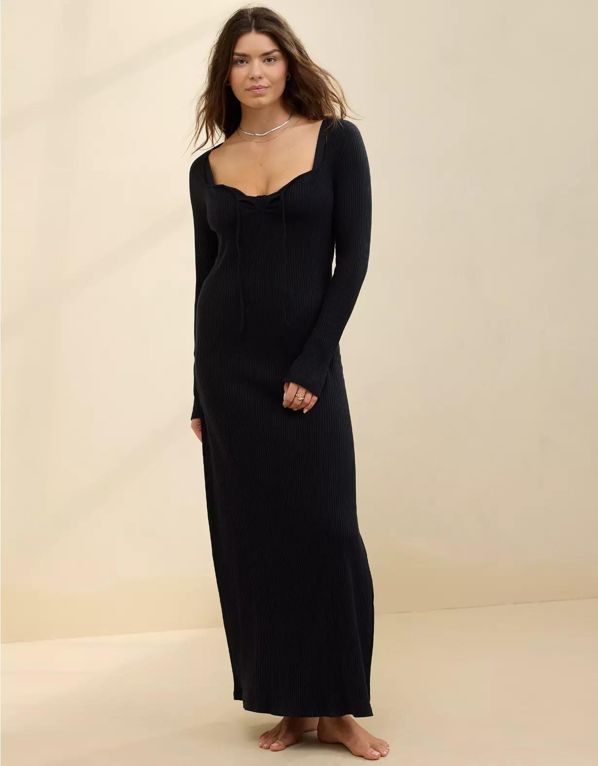 Aerie Long Sleeve Knit Tie Front Maxi Dress Product Image