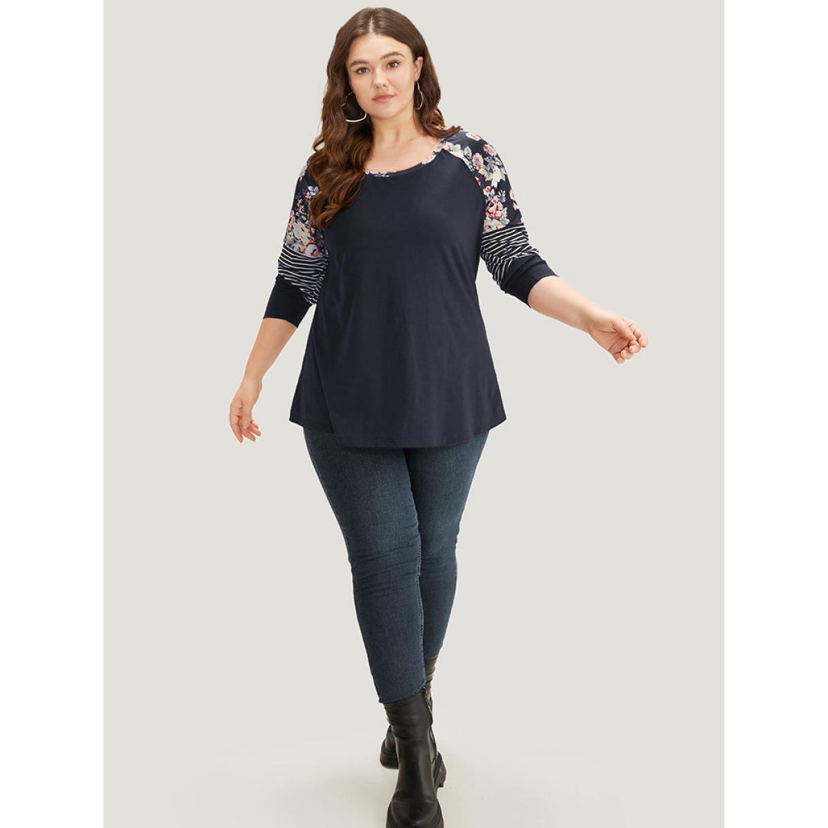 Plus Size Floral Striped Patchwork Crew Neck Raglan Sleeve T-shirt Midnight Women Casual Contrast Striped Round Neck Dailywear T-shirts BloomChic 22-24/3X Product Image