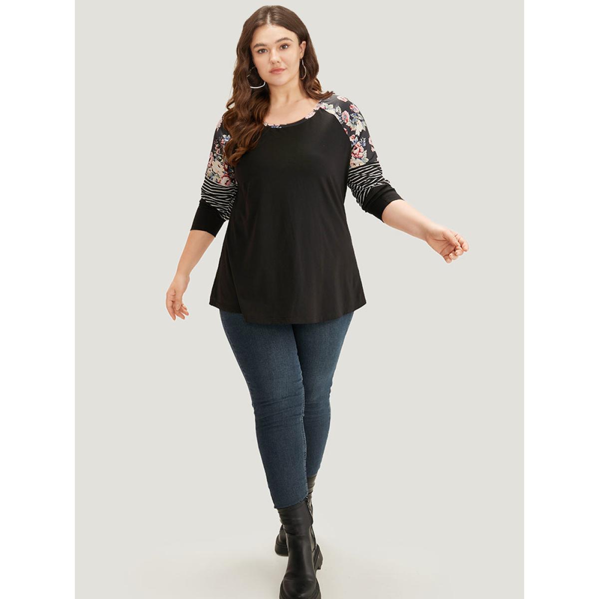 Plus Size Floral Striped Patchwork Crew Neck Raglan Sleeve T-shirt Black Women Casual Contrast Striped Round Neck Dailywear T-shirts BloomChic 26/4X Product Image