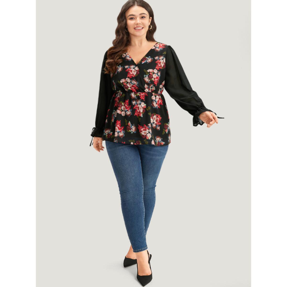 Plus Size Black Floral Print Patchwork Wrap Ties Lantern Sleeve Blouse Women Elegant Long Sleeve V-neck Dailywear Blouses BloomChic 30/6X Product Image