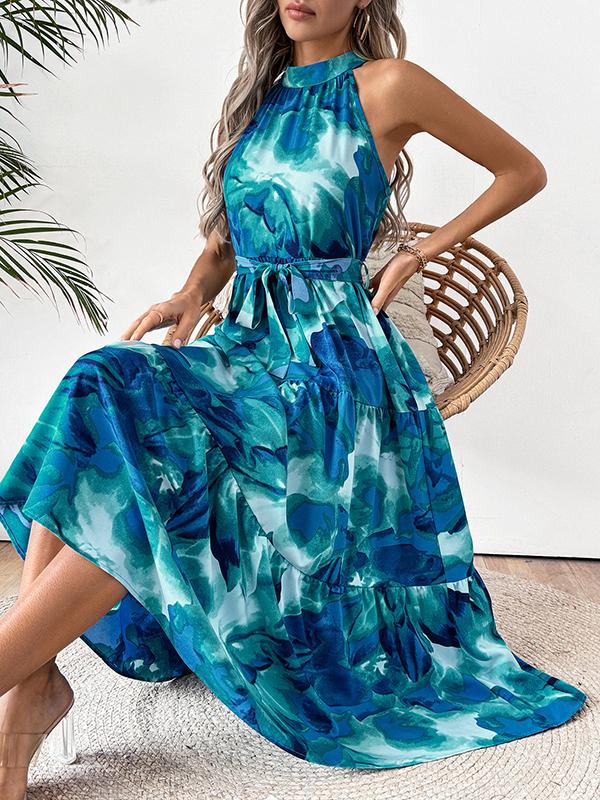 Loose Sleeveless Hollow Pleated Printed Split-Joint Tied Waist Round-Neck Midi Dresses Product Image