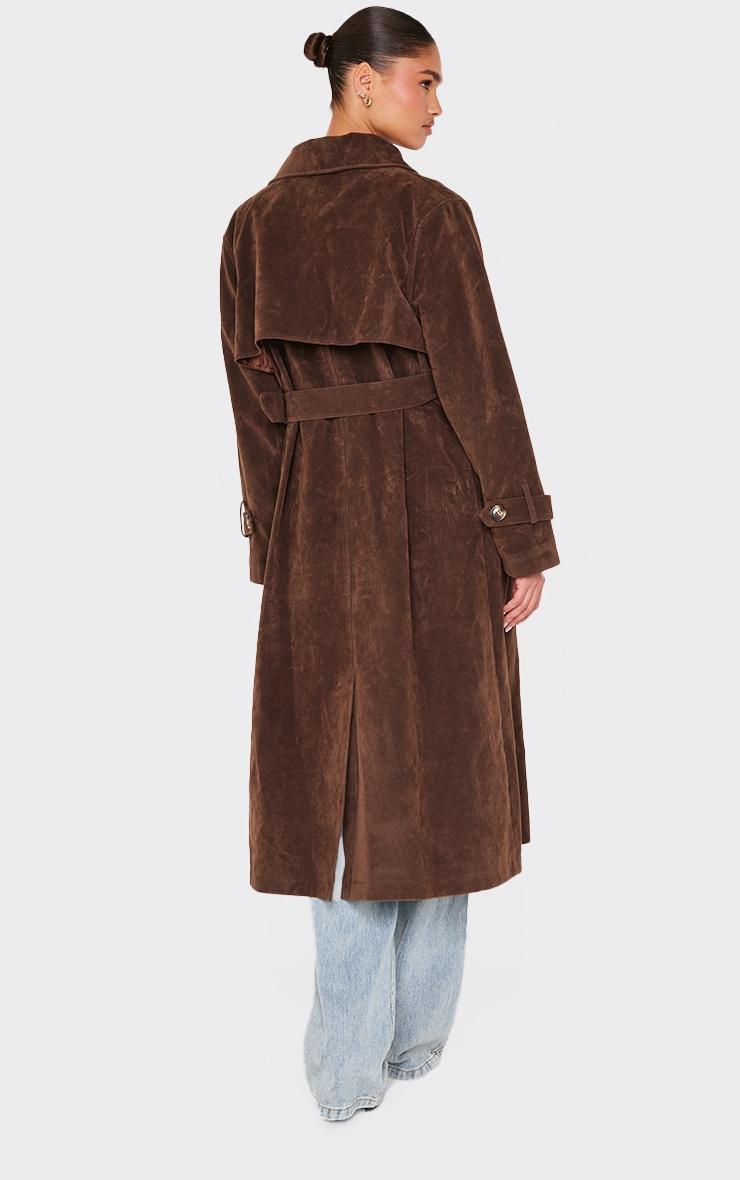 Chocolate Faux Suede Buckle Belt Trench Coat Product Image