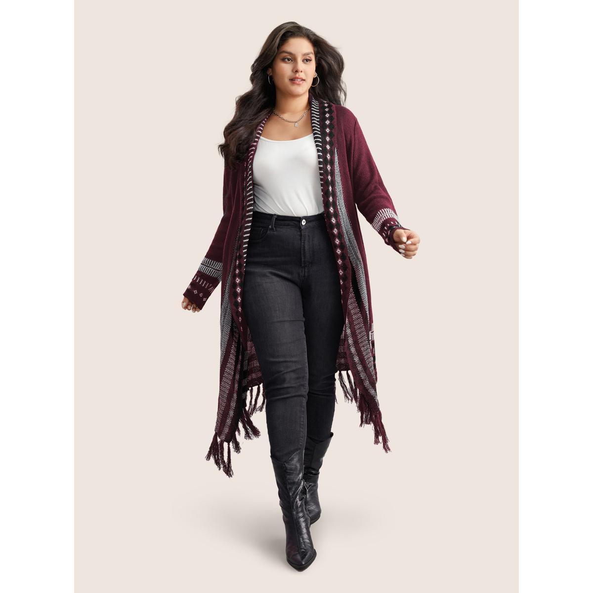Plus Size Bandana Print Fringe Trim Maxi Cardigan Burgundy Women Casual Long Sleeve Everyday Cardigans BloomChic 10/M Product Image