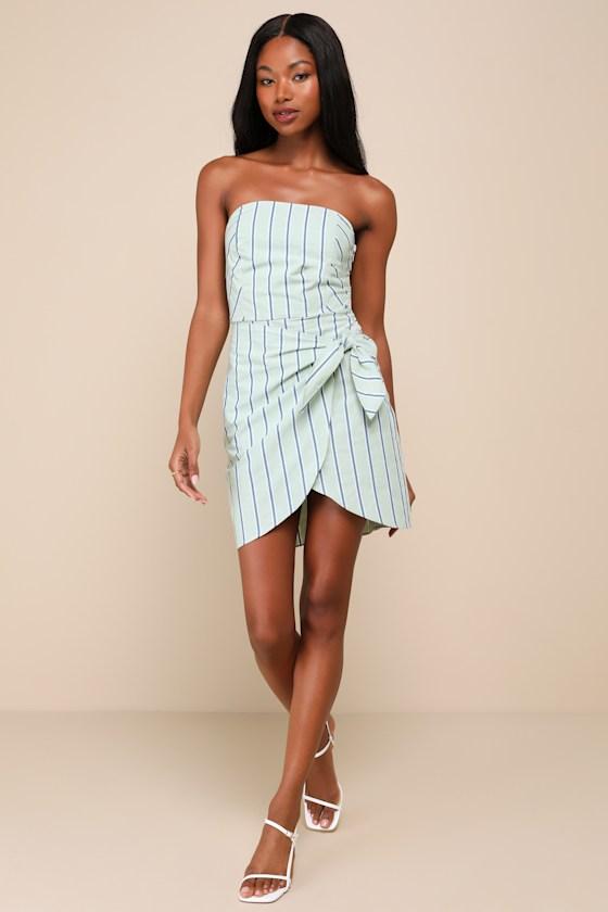 Cute Finesse Sage Striped Cotton Strapless Tie-Front Mini Dress Product Image