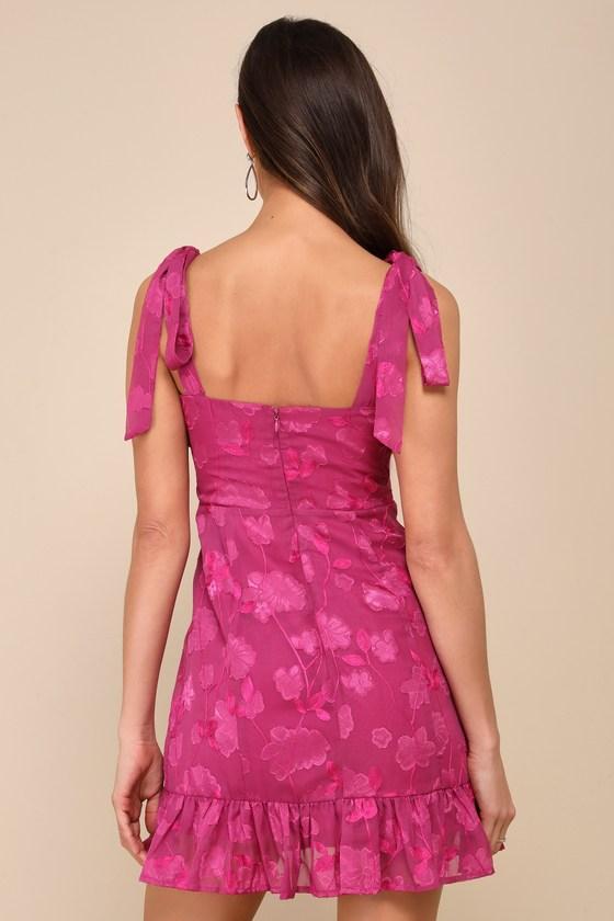 No One Prettier Magenta Floral Embroidered Tie-Strap Mini Dress Product Image