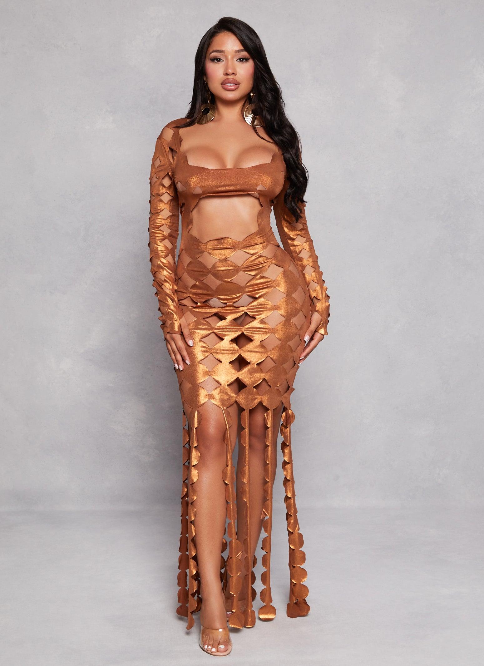 Womens Metallic Cut Out Fringe Maxi Dress Product Image