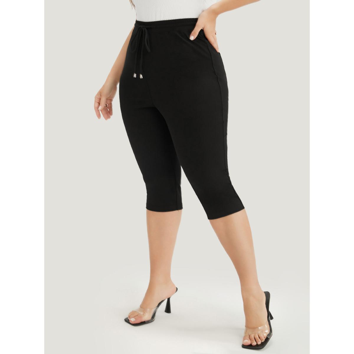 Plus Size Drawstring Elastic Waist Pocket Skinny Leggings Women Black Elegant High stretch Skinny Mid Rise Dailywear Leggings BloomChic 12/L Product Image