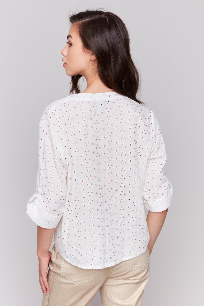 Ivory Cotton Gold Eyelet Tie Blouse Product Image