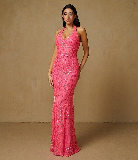 B. Darlin V-Neck Patterned Sequin Halter Dress Product Image