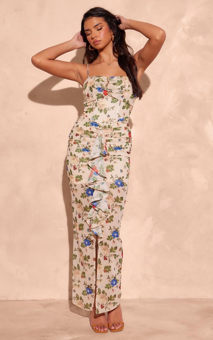 Nude Floral Chiffon Ruched Draped Front Midaxi Dress Product Image