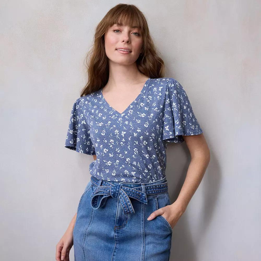 Women's LC Lauren Conrad V-Neck Flutter Sleeve Top, Size: Large, Blue Dottie Fleur Product Image