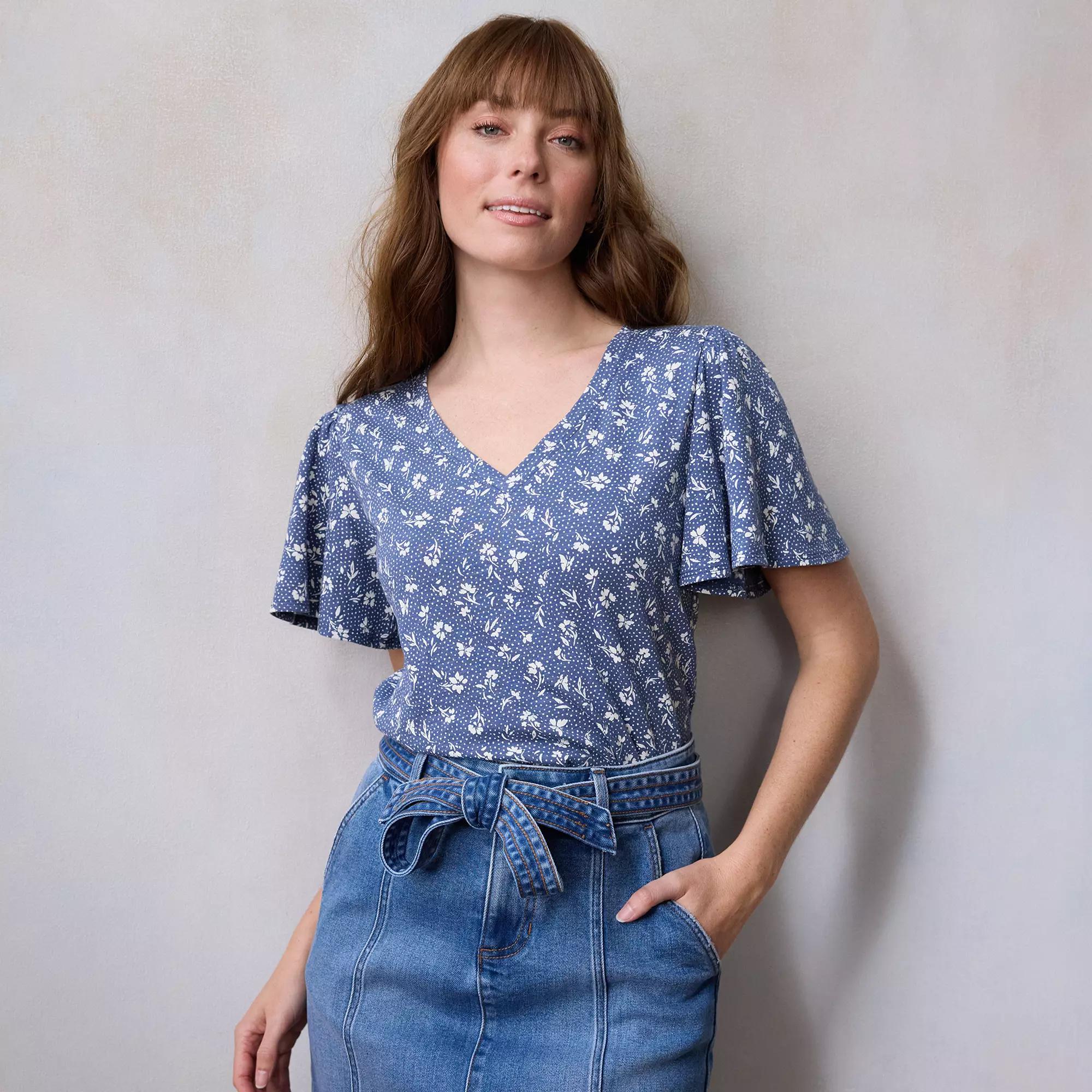 Petite LC Lauren Conrad V-Neck Flutter Short Sleeve Top, Women's, Size: Large Petite, Blue Dottie Fleur Product Image