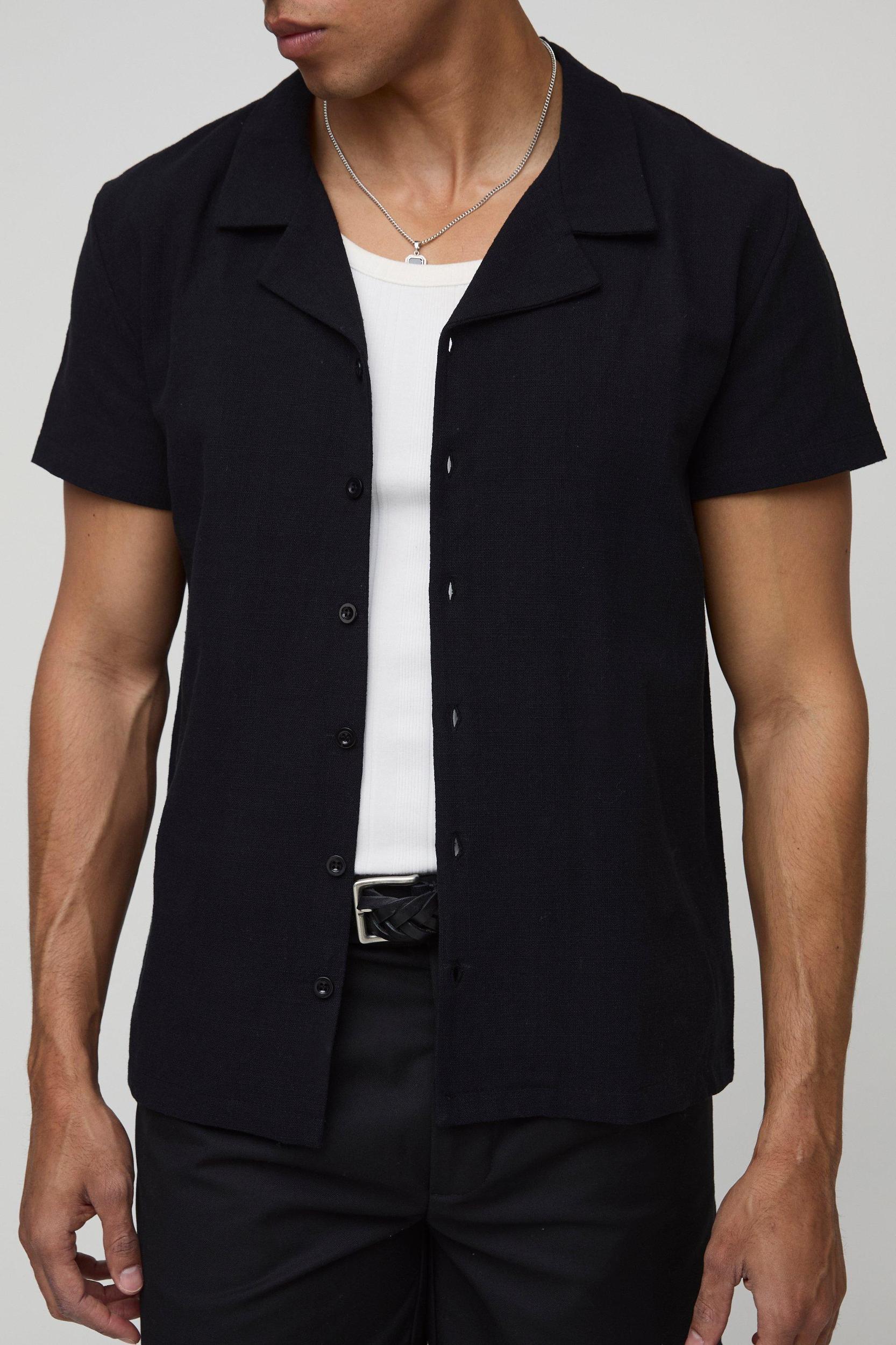 Regular Fit Linen Look Revere Short Sleeve Shirt | boohooMAN USA Product Image