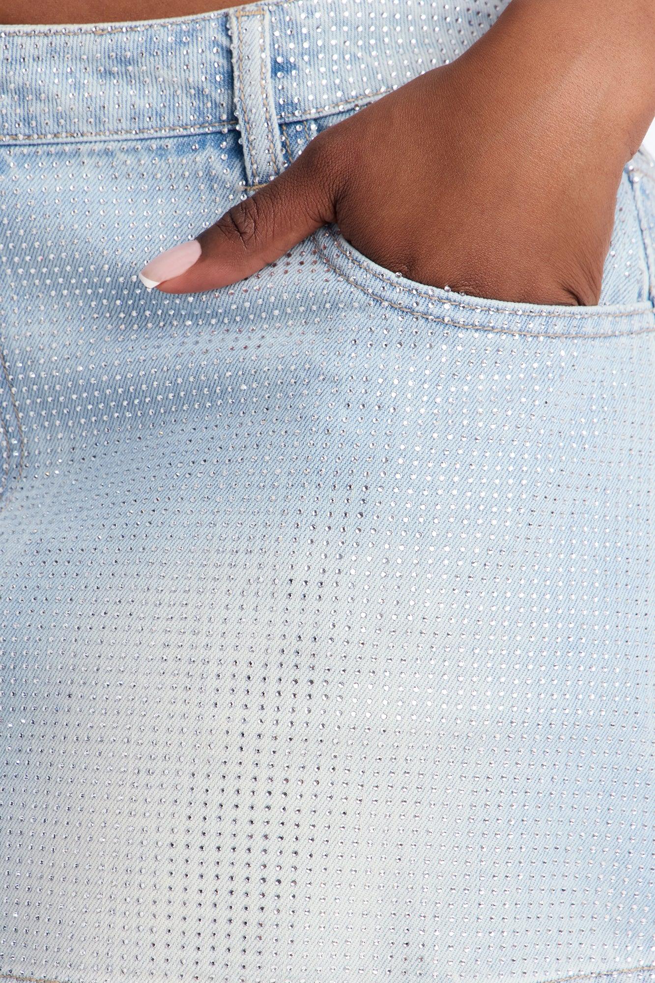 Shine Bright Sequin Denim Micro Mini Skirt - Light Wash Female Product Image