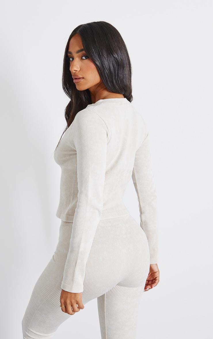 Petite Cream Faded Snatched Rib Long Sleeve Button Up Long Top Product Image