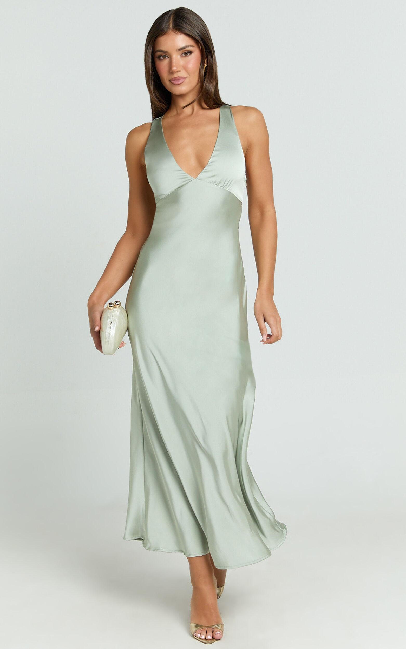 Khalani Midi Dress - Deep V Neck Satin Slip Dress in Sage Product Image