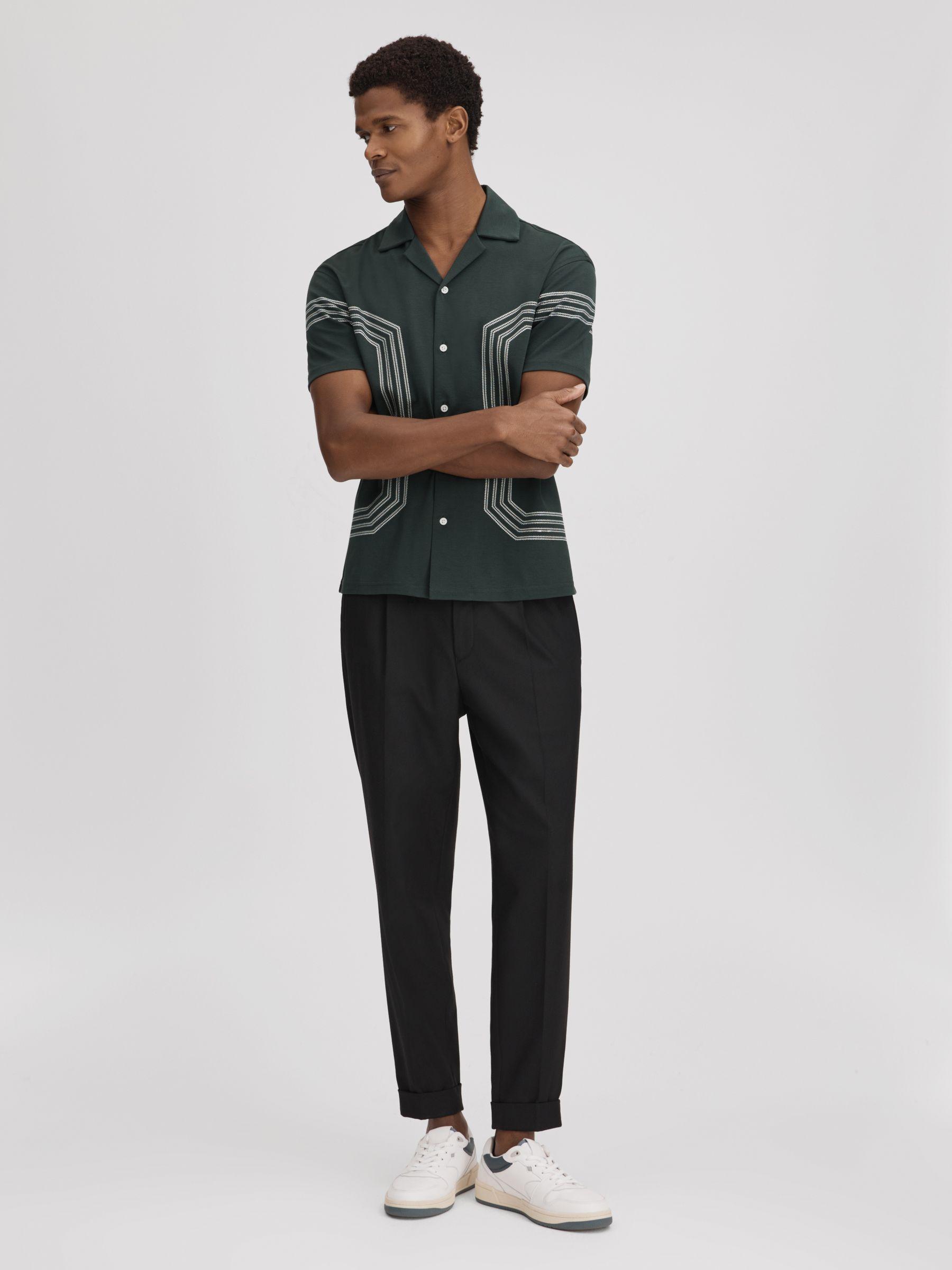 Mercerised Cotton Embroidered Cuban Collar Shirt in Emerald Product Image