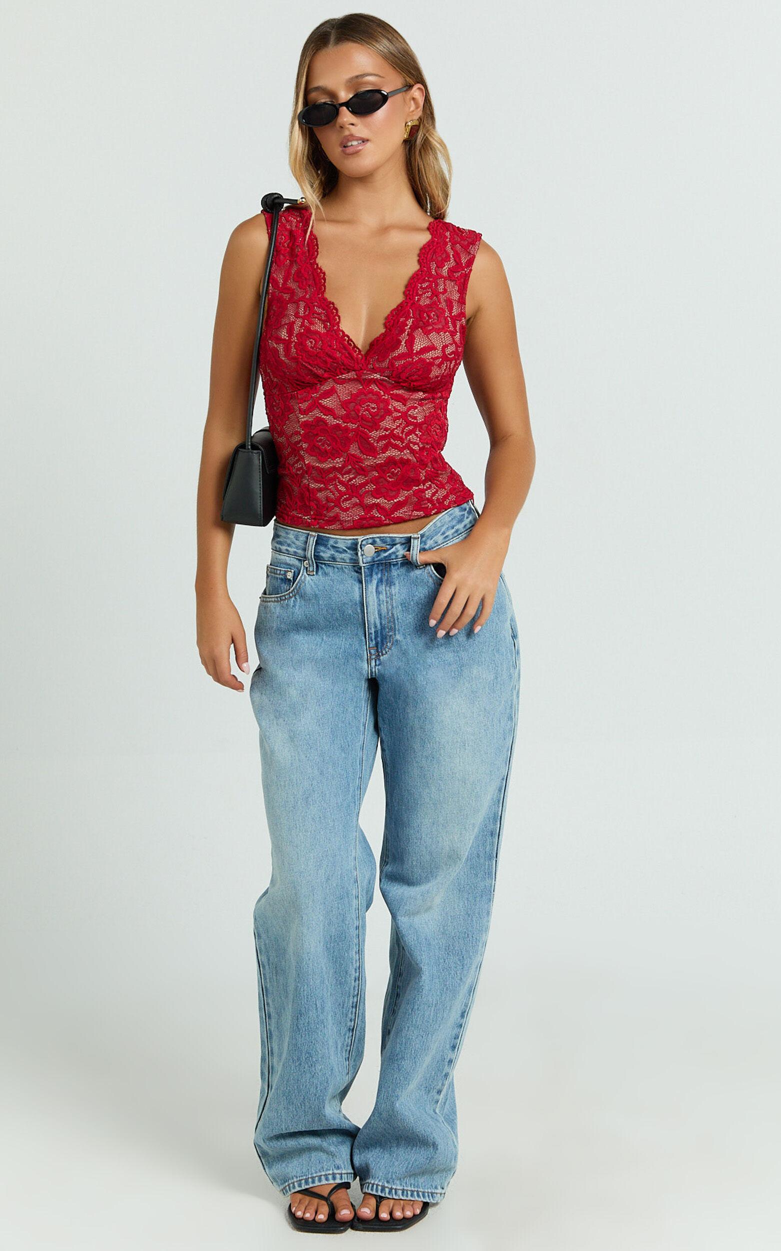 Antonia Top - V Neck Lace Detail Top in Dark Red Product Image